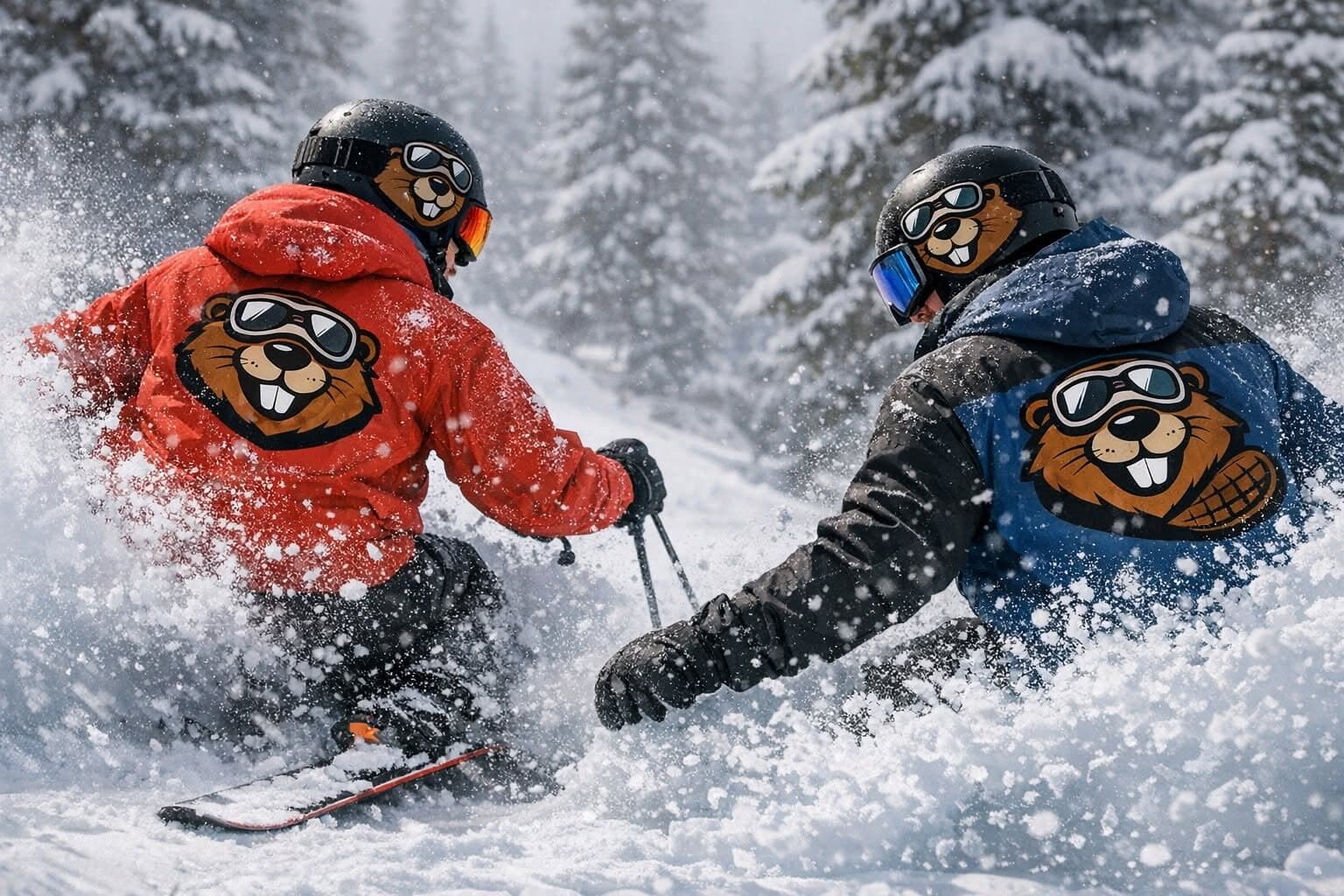 Illustration of skiers in Beavers Sports Shop beaver-mascot jackets charging through powder