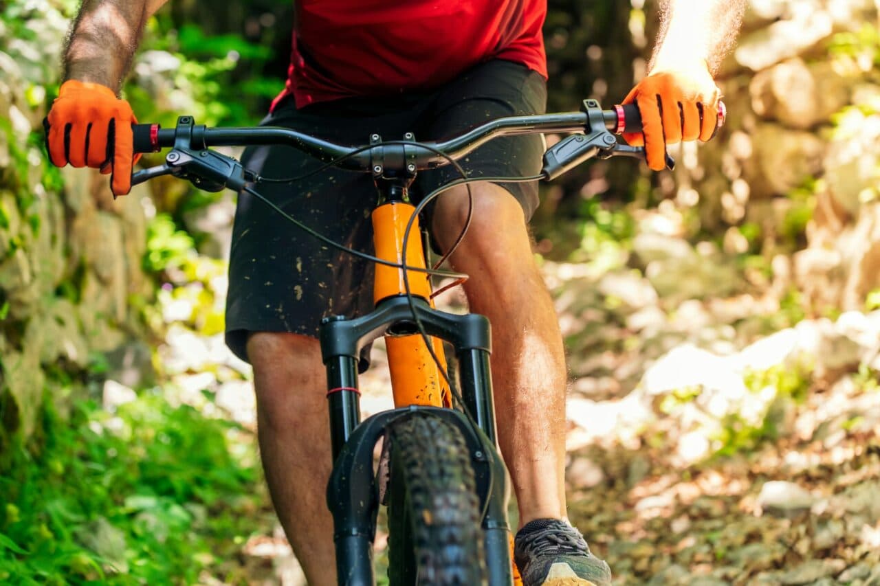 Close-up of a mountain bike on the trail